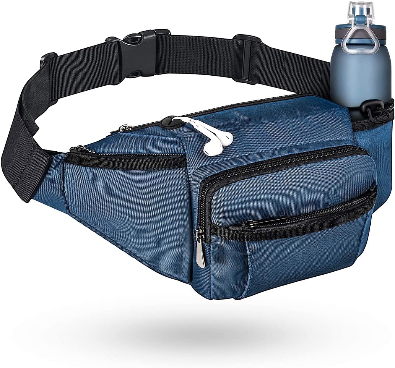 Crossbody Fanny Pack for Men Women, Large Waist Bag with Water Bottle Holder, Hip Pack Bum Bag for Running Traveling Hiking Cycling Dog Walking, Adjustable Belt Strap, Blue