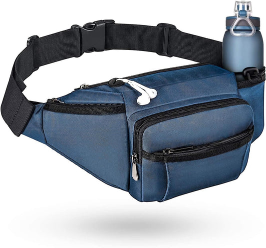 Crossbody Fanny Pack for Men Women, Large Waist Bag with Water Bottle Holder, Hip Pack Bum Bag for Running Traveling Hiking Cycling Dog Walking, Adjustable Belt Strap, Blue