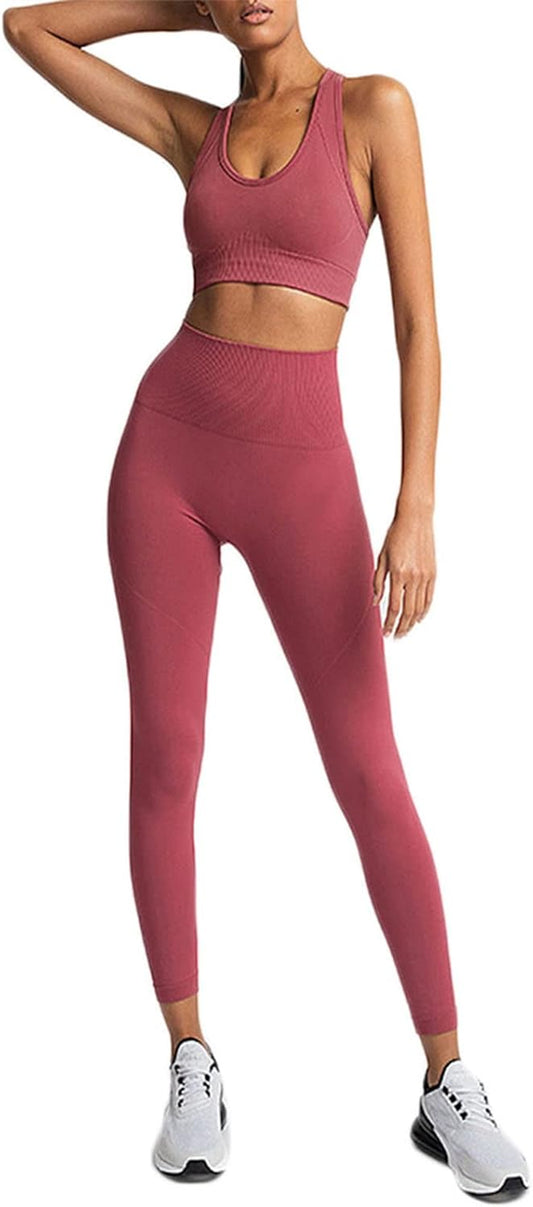 Workout Set for Women 2 Pieces Outfits Seamless Yoga Leggings with Sports Bra Tank Top Gym Sets Matching Sets