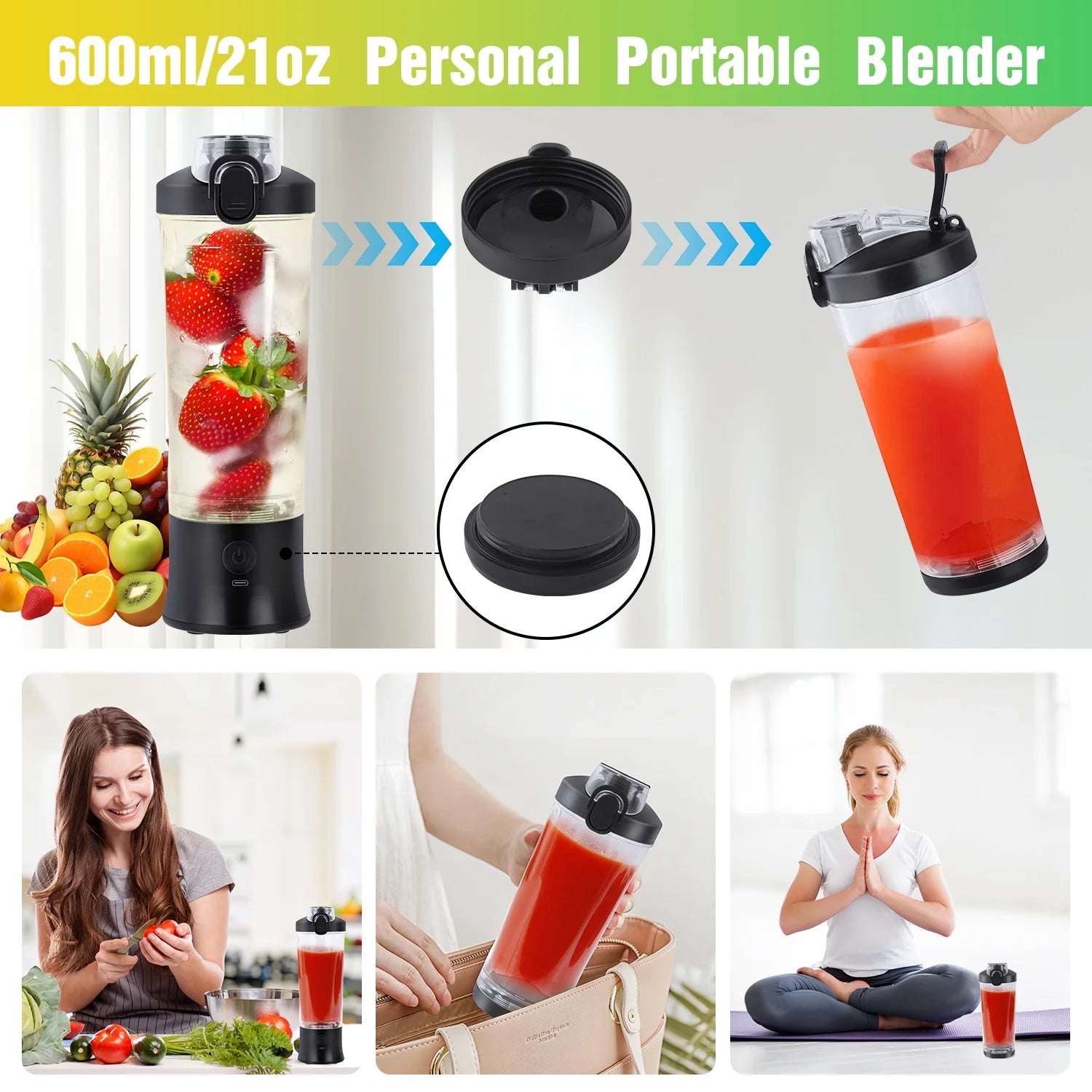 Portable Blender for Shakes and Smoothies, Personal Blender for Shakes with 21 Oz Travel Cup, Mini Personal Size Blender with 10 Blades and USB Rechargeable for Gym, Home and Outdoors, Black