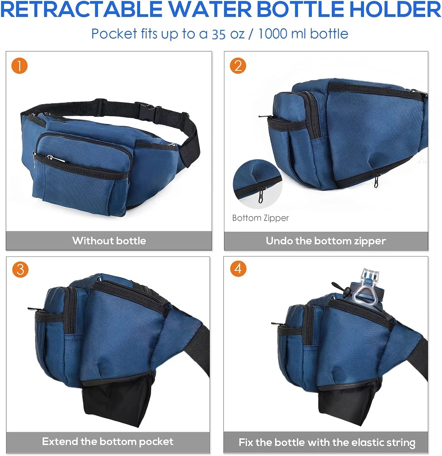 Crossbody Fanny Pack for Men Women, Large Waist Bag with Water Bottle Holder, Hip Pack Bum Bag for Running Traveling Hiking Cycling Dog Walking, Adjustable Belt Strap, Blue