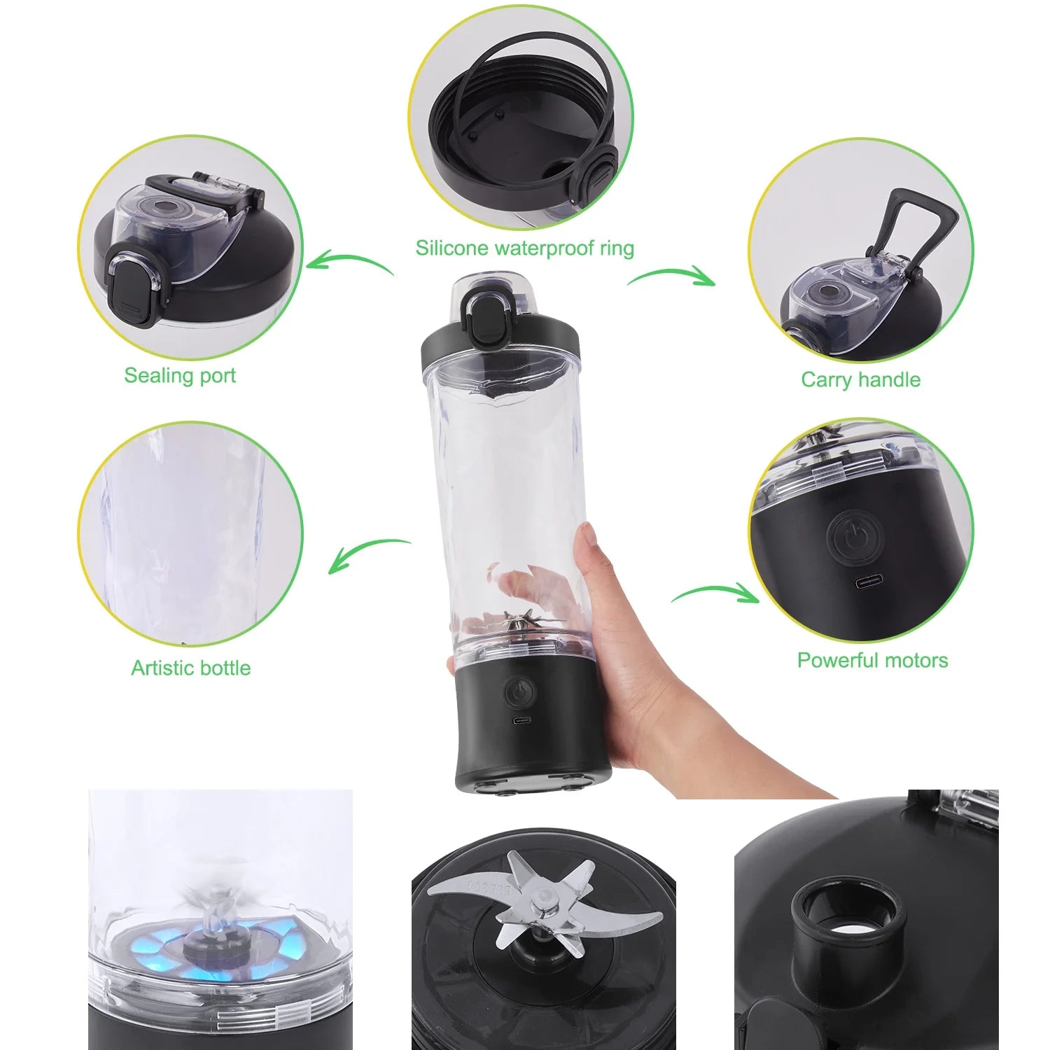 Portable Blender for Shakes and Smoothies, Personal Blender for Shakes with 21 Oz Travel Cup, Mini Personal Size Blender with 10 Blades and USB Rechargeable for Gym, Home and Outdoors, Black
