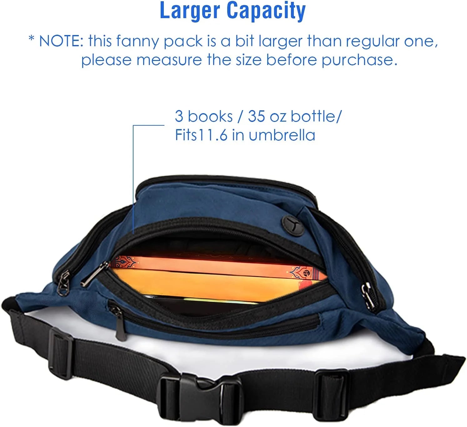 Crossbody Fanny Pack for Men Women, Large Waist Bag with Water Bottle Holder, Hip Pack Bum Bag for Running Traveling Hiking Cycling Dog Walking, Adjustable Belt Strap, Blue