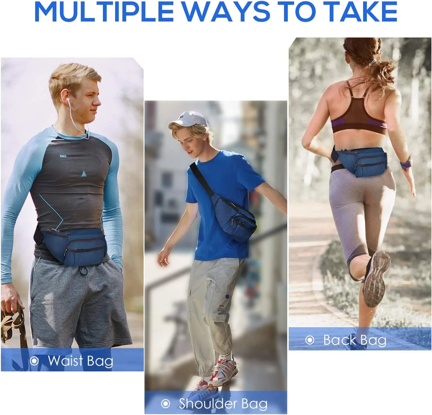 Crossbody Fanny Pack for Men Women, Large Waist Bag with Water Bottle Holder, Hip Pack Bum Bag for Running Traveling Hiking Cycling Dog Walking, Adjustable Belt Strap, Blue