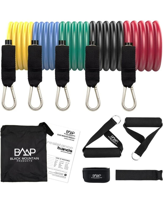 Rubber Resistance Band Set with Door Anchor, Ankle Strap, Exercise Chart, and Resistance Band Carrying Case